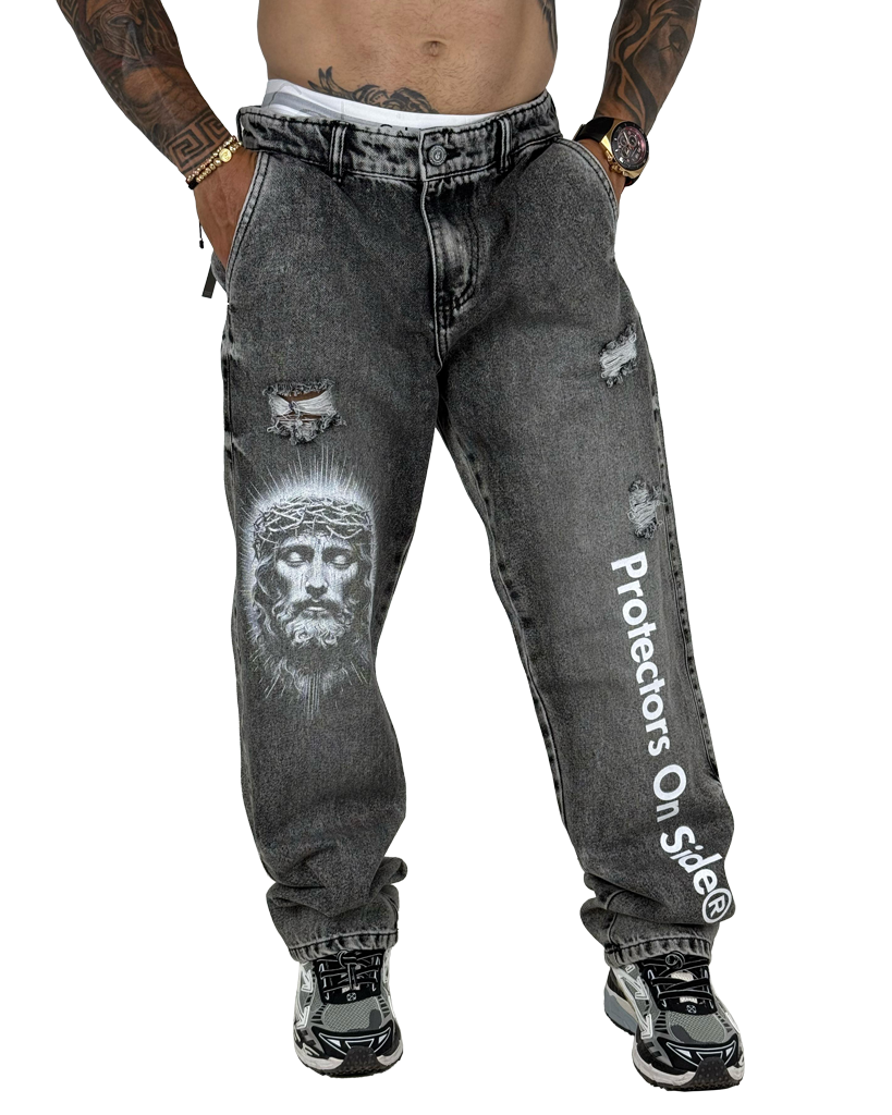 Jean Baggy Gris Claro Clasico stamp Cristo
