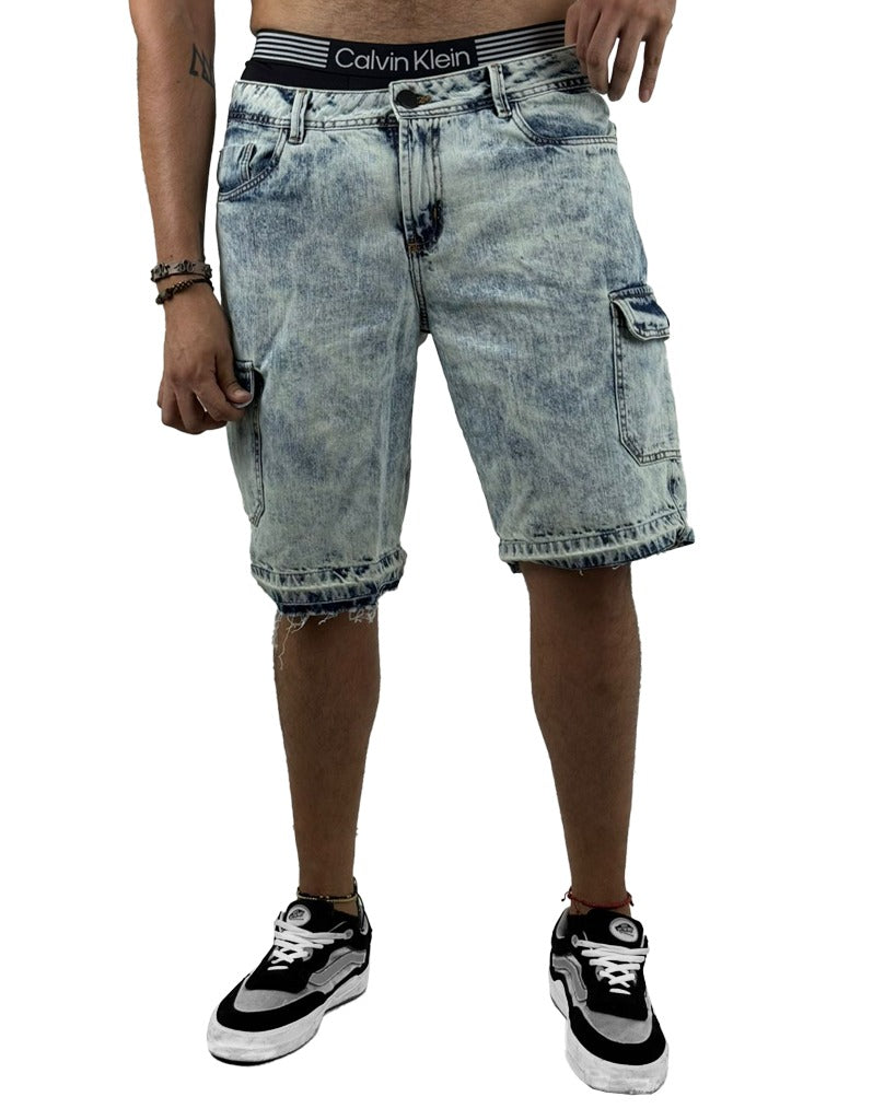 Bermuda Jean Cargo Azul Desgaste