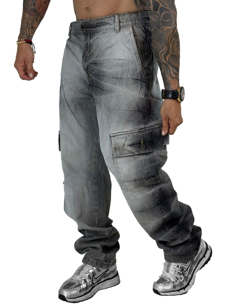 Jean Baggy Cargo Gris Amarres Laterales