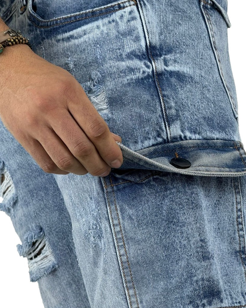 Bermuda Jean Cargo Azul Rotos