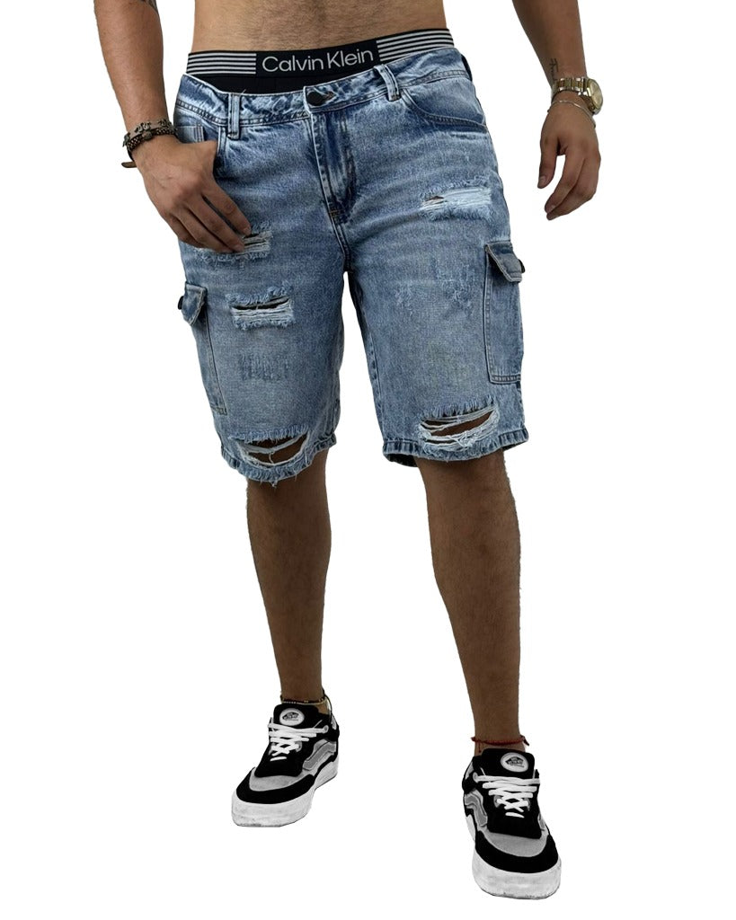 Bermuda Jean Cargo Azul Rotos