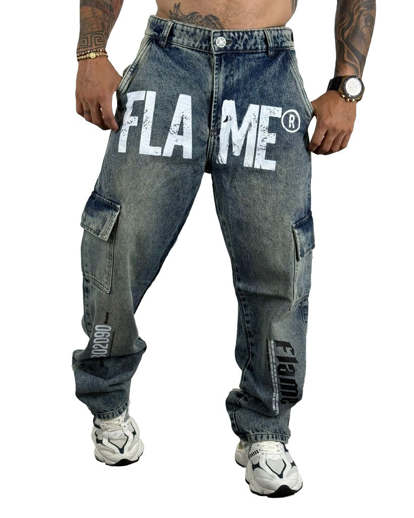 Jean Baggy Cargo Azul Stamp Flame 2090