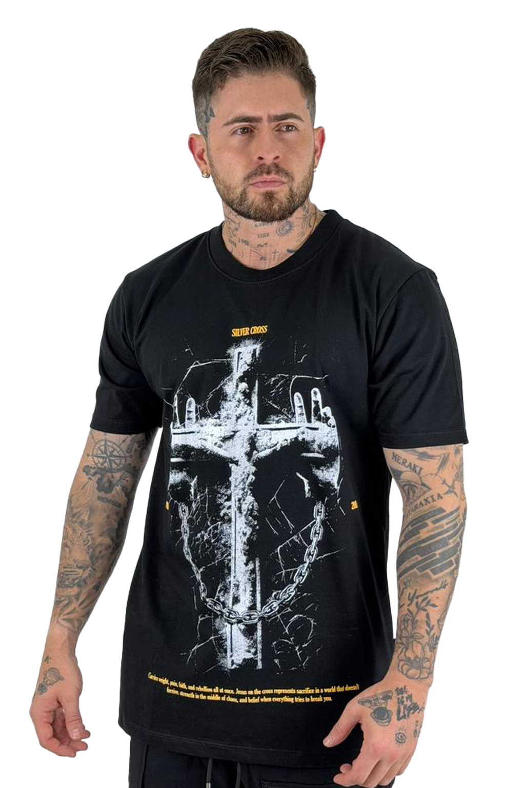 Camiseta Negra Silver Cross Cruz alto gramaje
