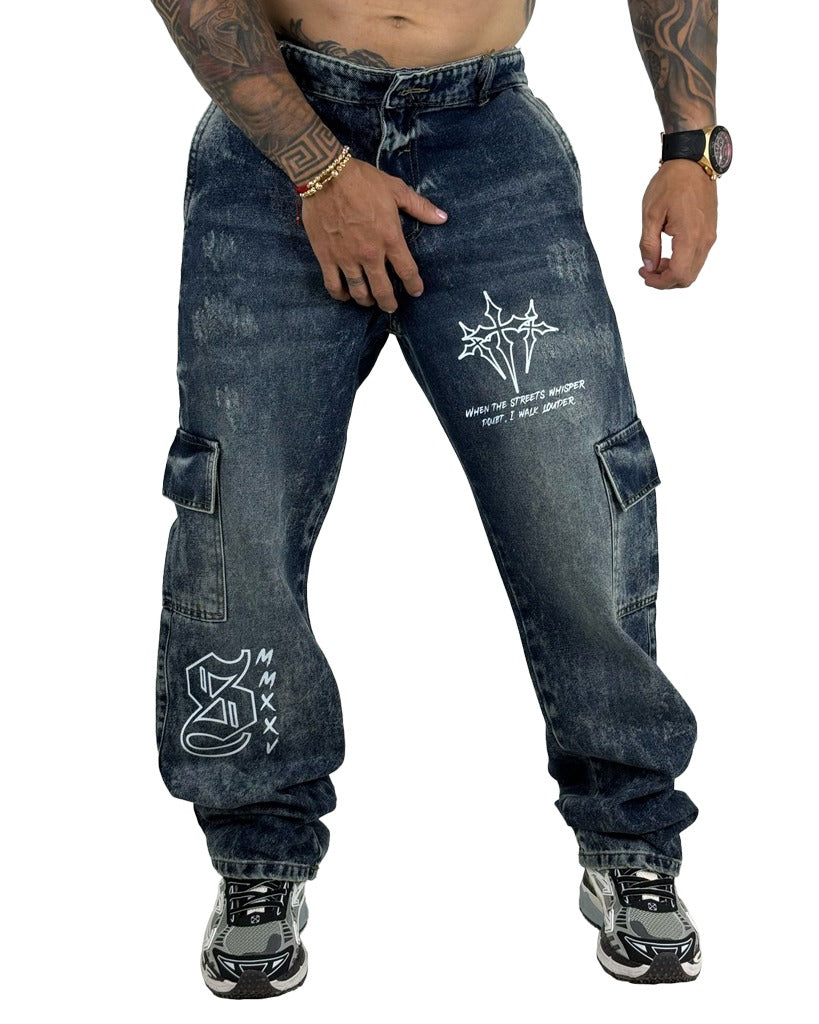 Jean Baggy SKY Azul Oscuro Cargo Stamp-s Cruz