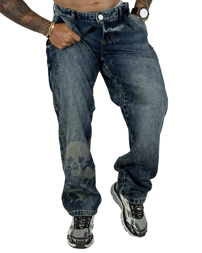Jean Baggy azul laser calavera