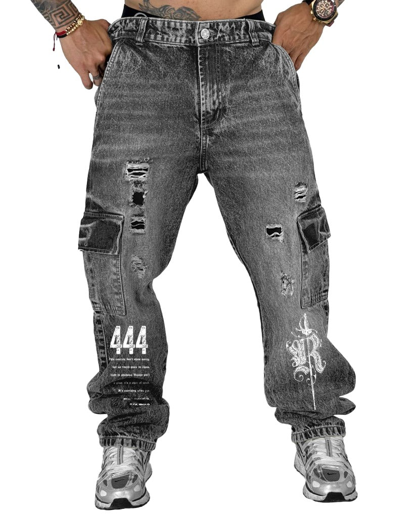 Jean Baggy Gris Cargo Parches Negros Stamp 444 R 006/2
