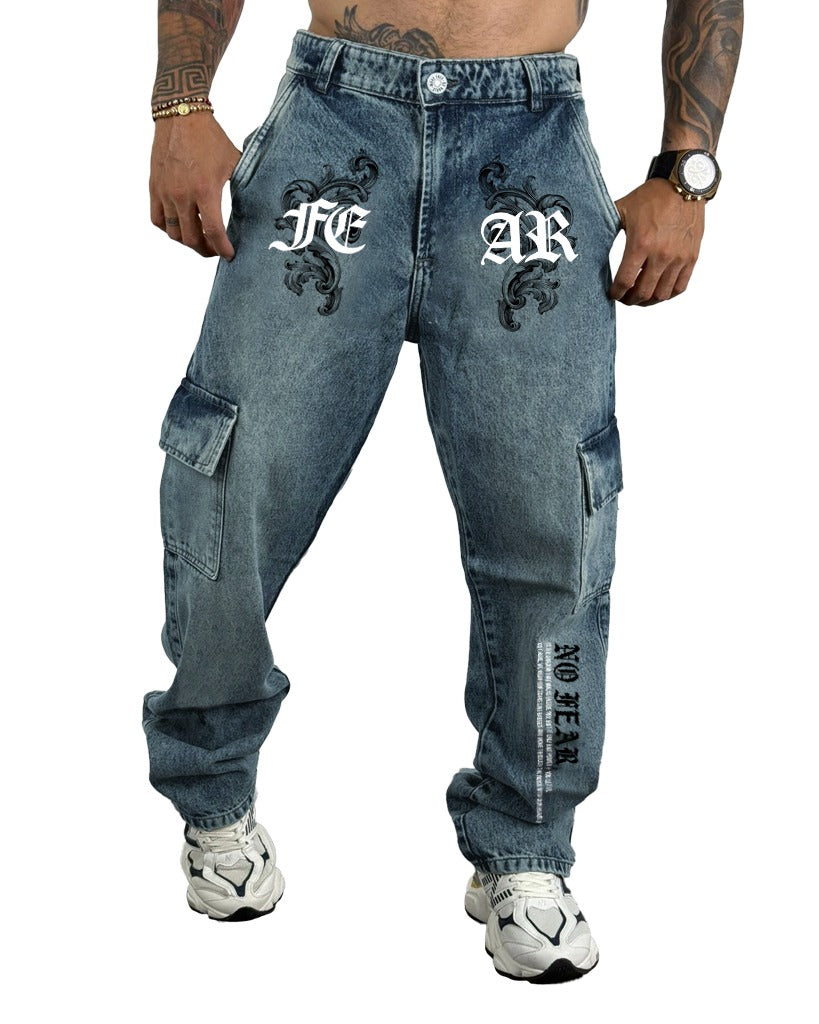 Jean Baggy Azul Cargo SKY Medio Stamp Arabescos 1004/2