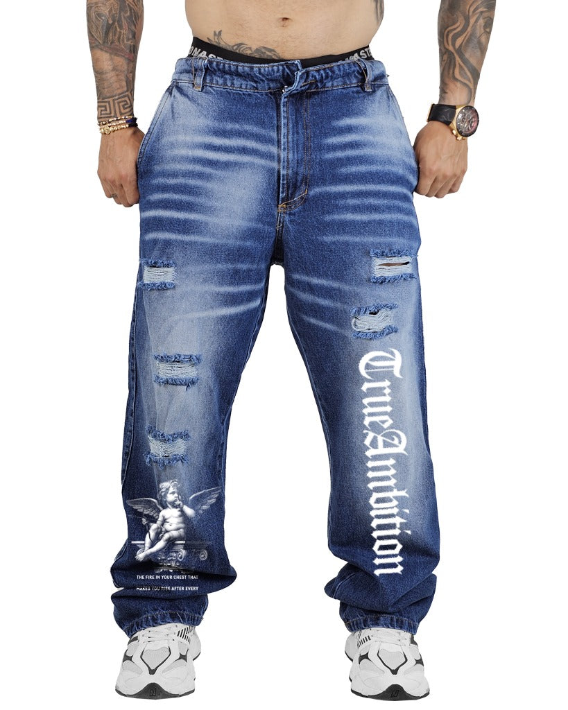 Jean Baggy Azul + Rotos Stamp Ture Ambition 1007-2