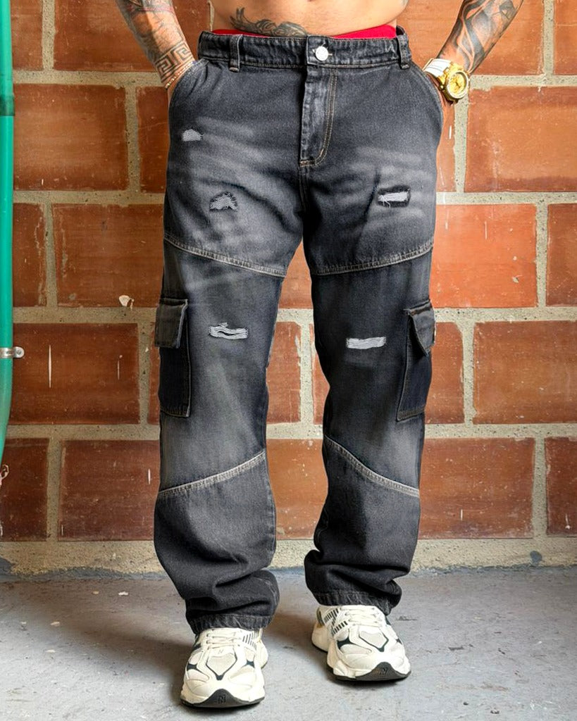 Jean Baggy negro cortes bigotes + rotos 4002