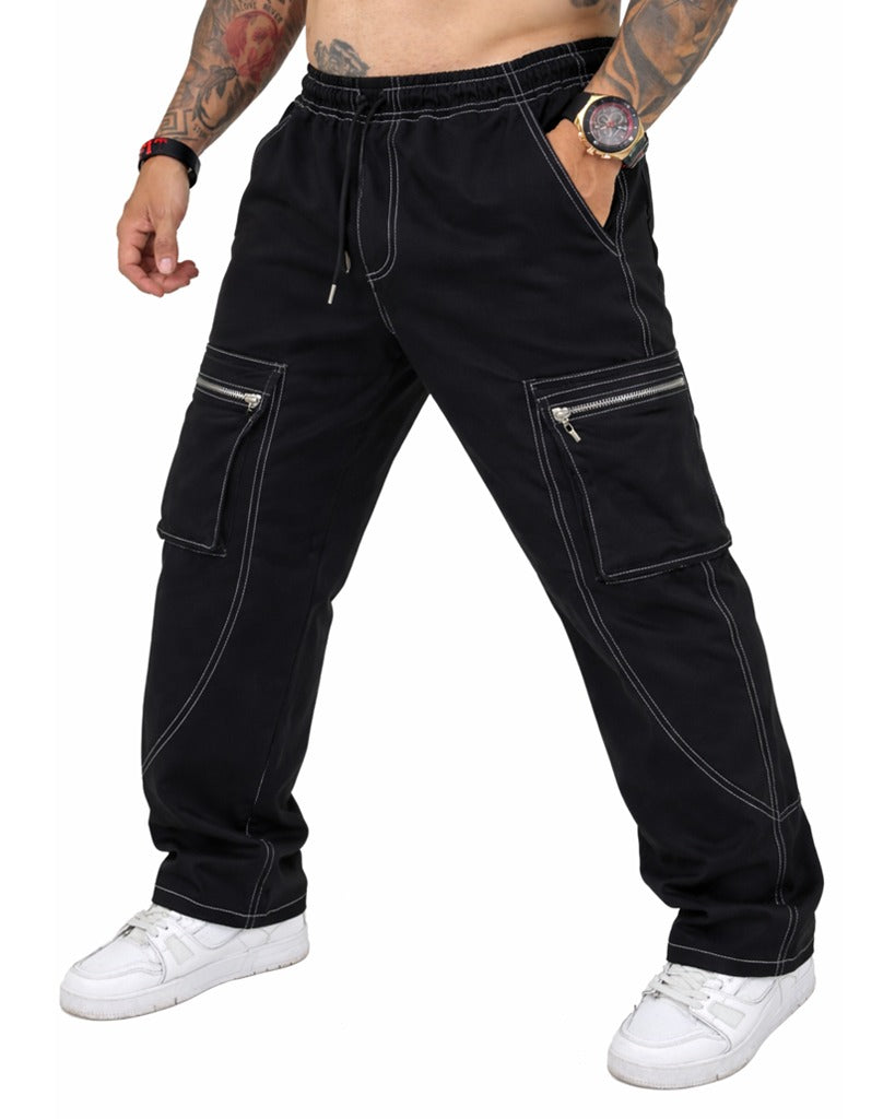 Jogger Bota Recta Negro Cargo Hilos Blancos 2603
