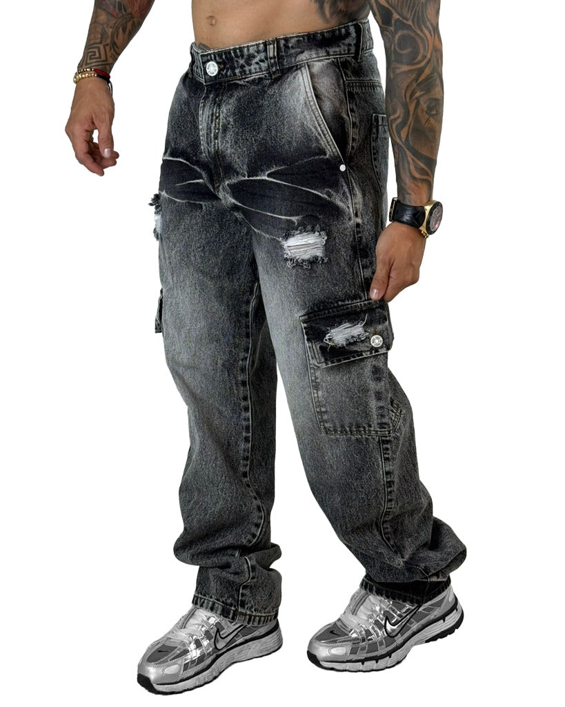 Jean Baggy negro cargo bi negro rotos 007-2