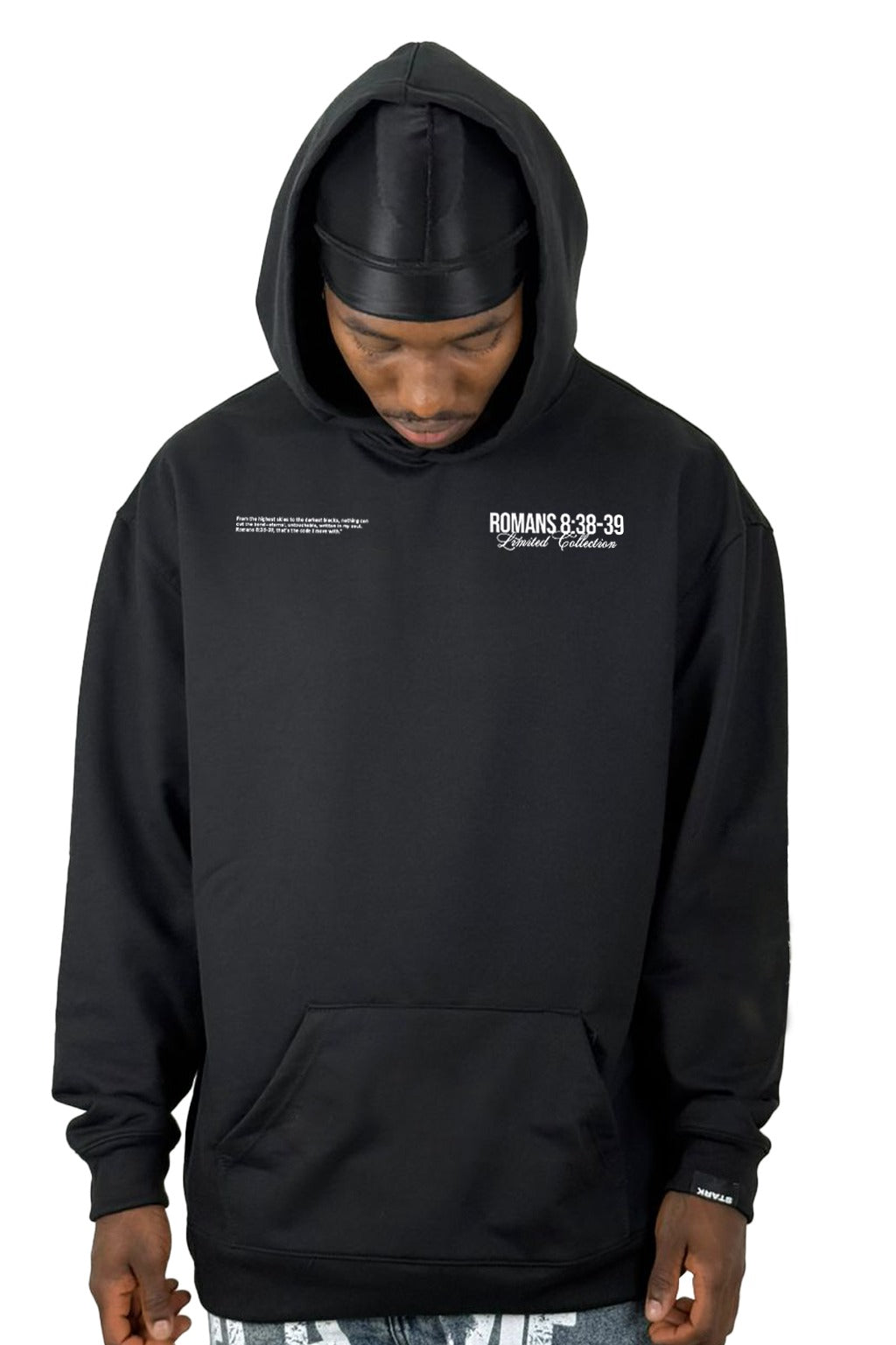 Buzo Capucha Negro Romans 8:38 Heart