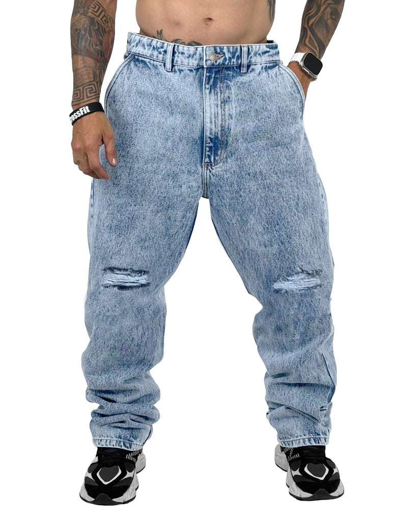 Jean Baggy azul hielo + roto rodilla