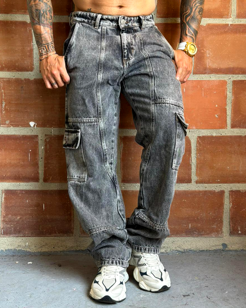 Jean Baggy cortes gris cargo gris sky
