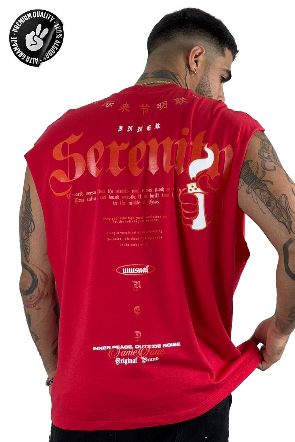 Camisilla Roja Serenity Letras chinas Alto Gramaje