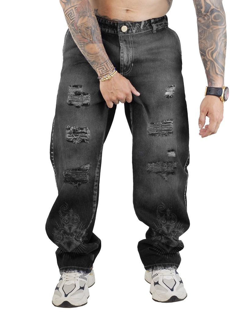 Jean Baggy Negro sumergido Parches y Laser Corazones 0016