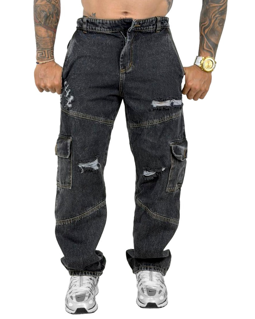 Jean Baggy corte sky negro cargo mas rotos 4004