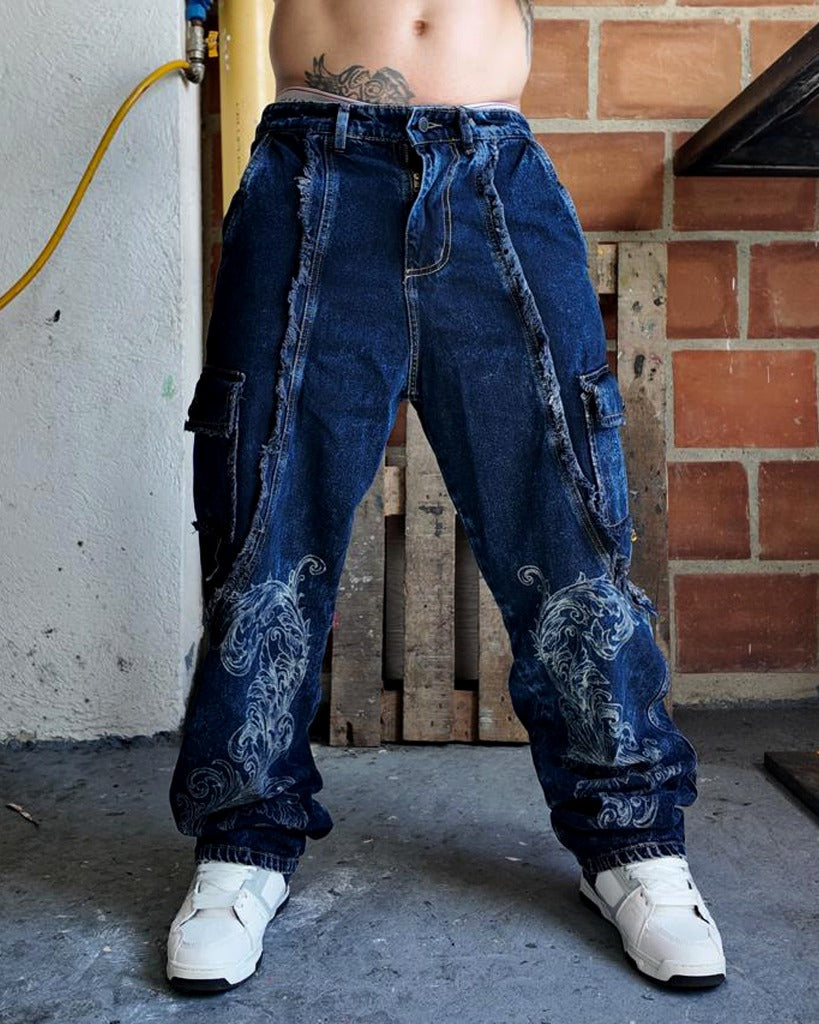 Jean baggy Azul Cargo Corte Desmechado Arabesco