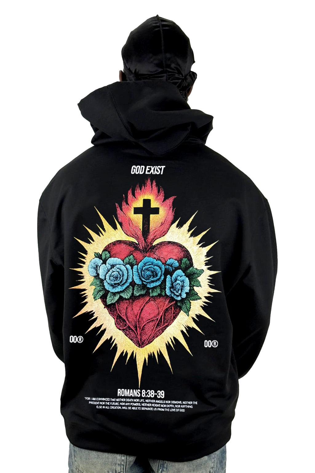 Buzo Capucha Negro Romans 8:38 Heart